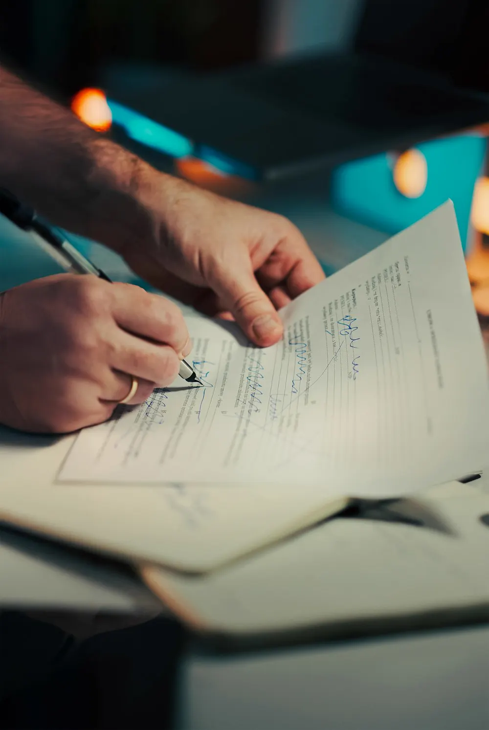 Manos firmando un documento con pluma