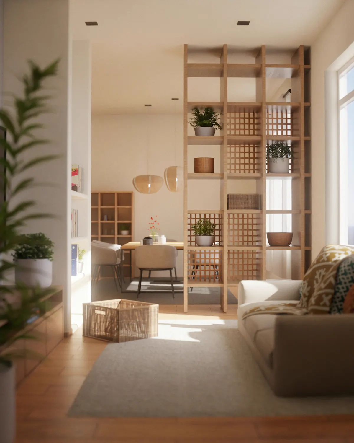 Salón con estantería de madera